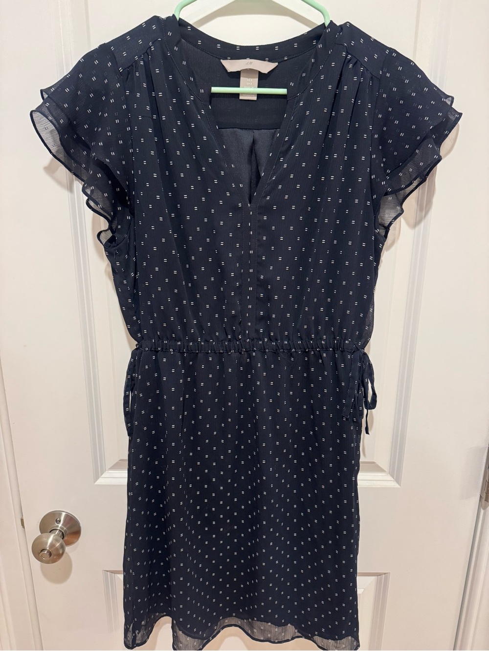 Navy with Whit Design Flutter Sleeve Dress